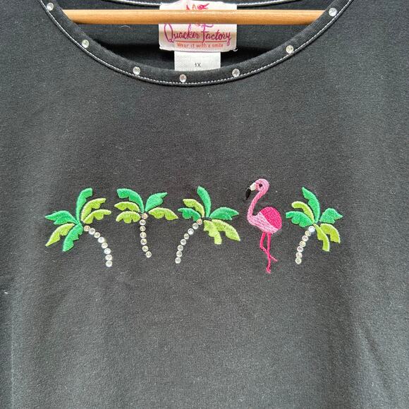 Quacker Factory Palm Tree Flamingo Rhinestone Tee Black Size 1X - Picture 4 of 4